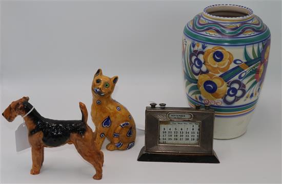 Poole Pottery vase, a Mosanic cat (a.f), a Royal Doulton terrier and a silver-mounted desk calendar